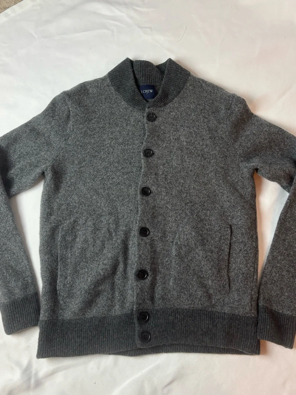 J Crew Bomber Sweater Mens Gray Cardigan 100% Lambswool Charcoal G9128 M READ